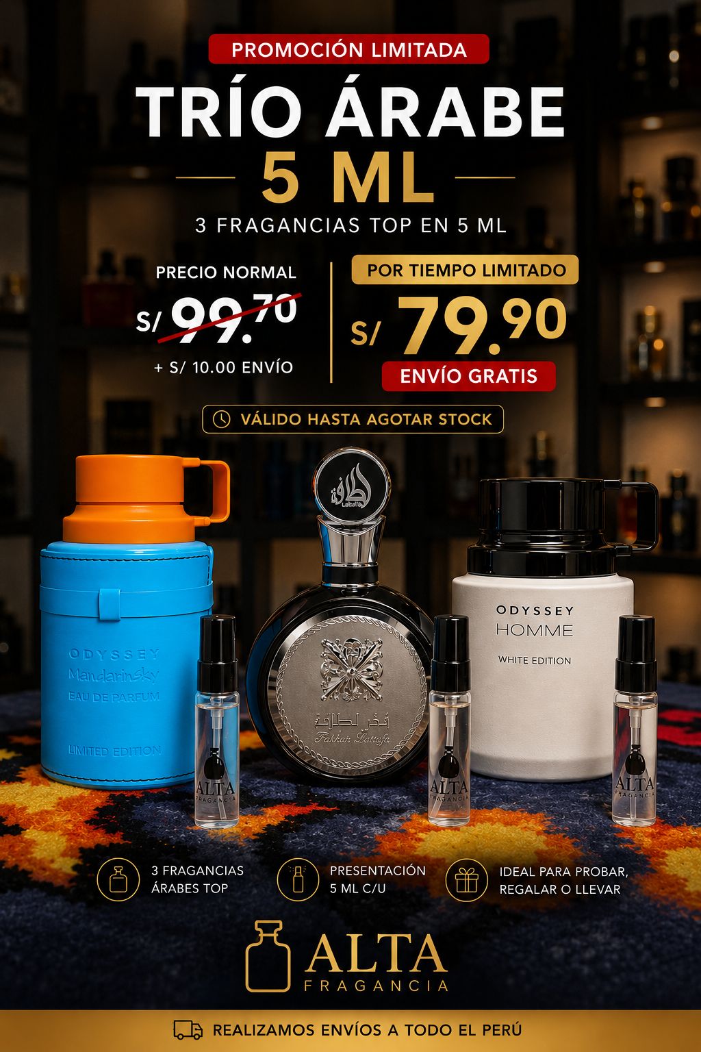 Trío Árabe 5ml - Odyssey Mandarin Sky, Fakhar Lattafa, Odyssey Homme White Edition