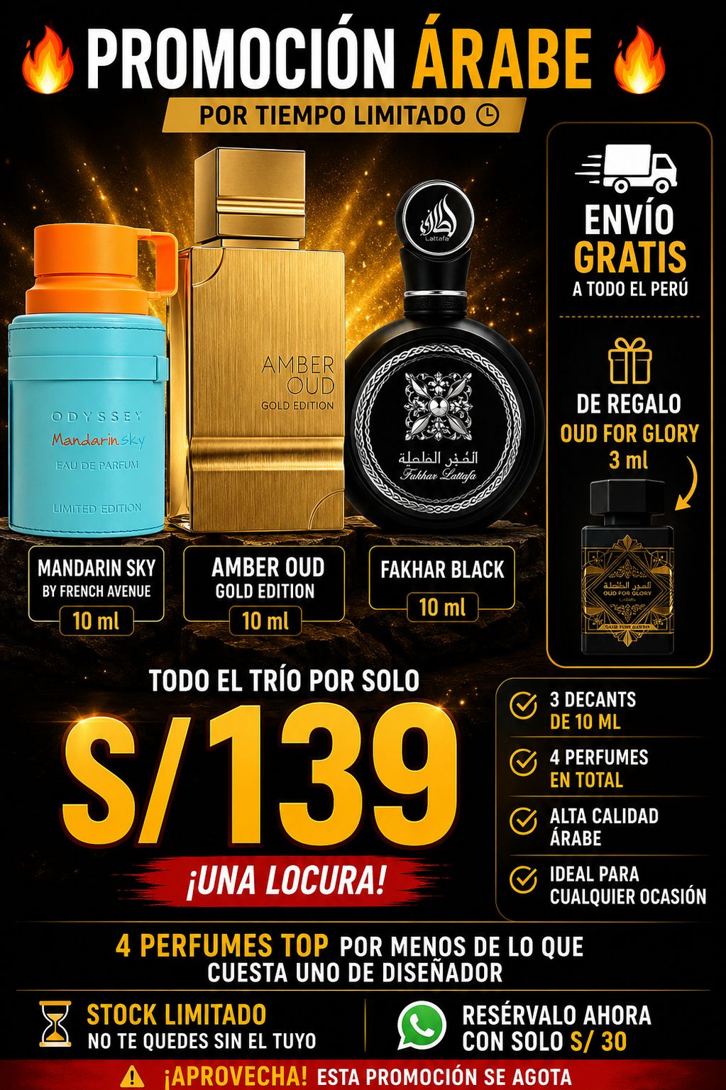 Promoción Árabe 10ml - Mandarin Sky, Amber Oud Gold Edition, Fakhar Black