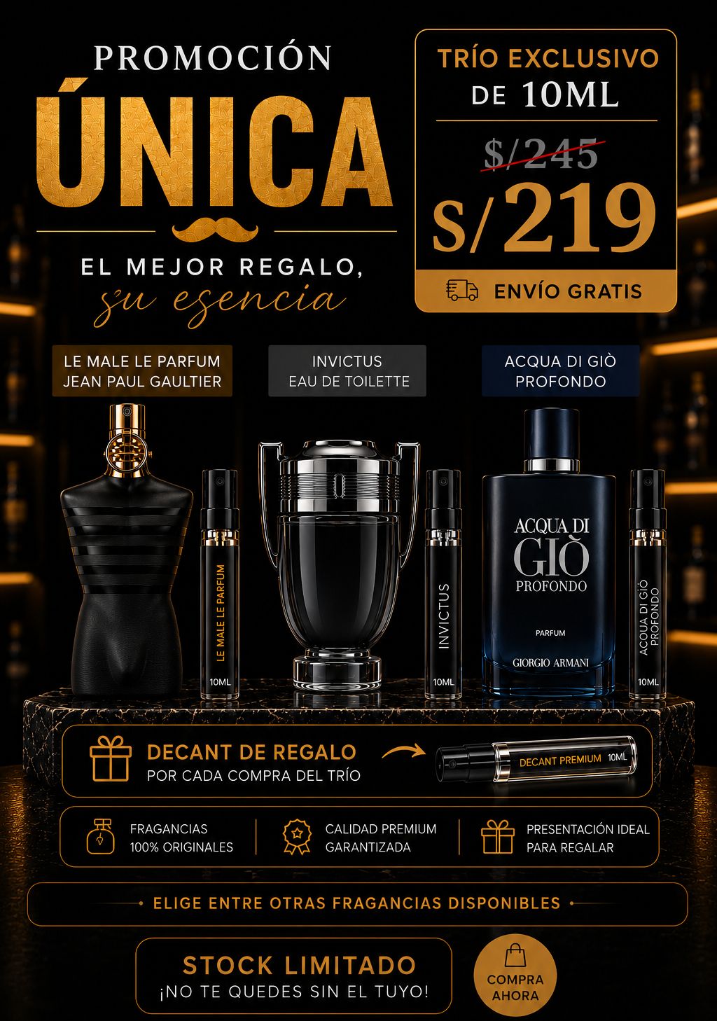 Trío Exclusivo Diseñador 10ml - Le Male Le Parfum, Invictus, Acqua di Giò Profondo