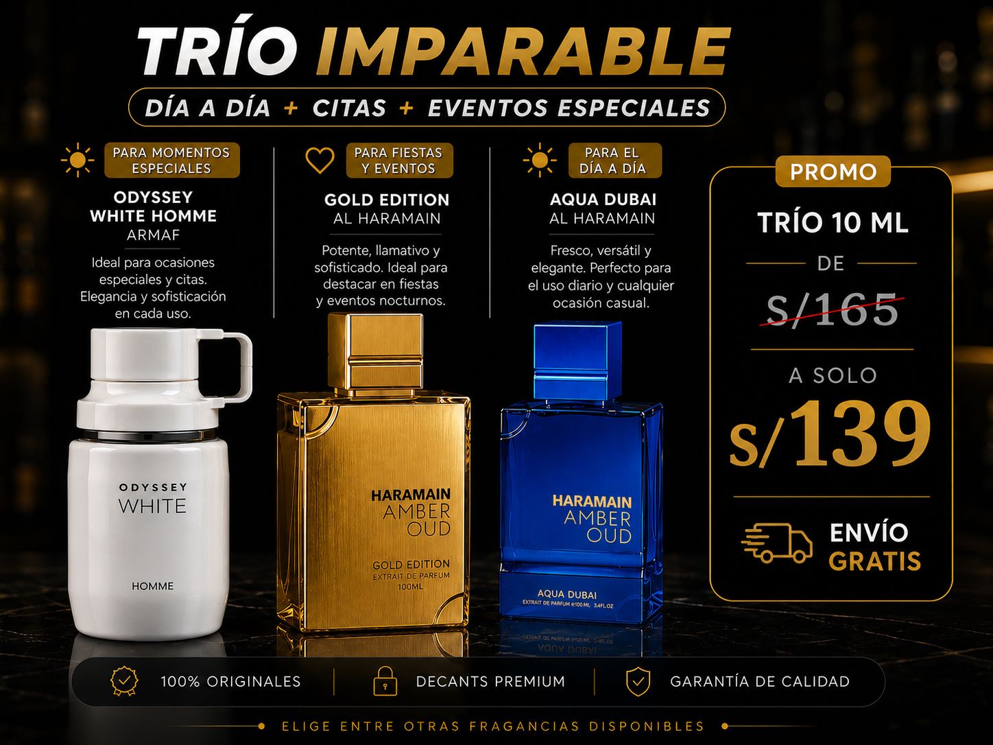 Trío Imparable 10ml - Odyssey White Homme, Gold Edition Al Haramain, Aqua Dubai