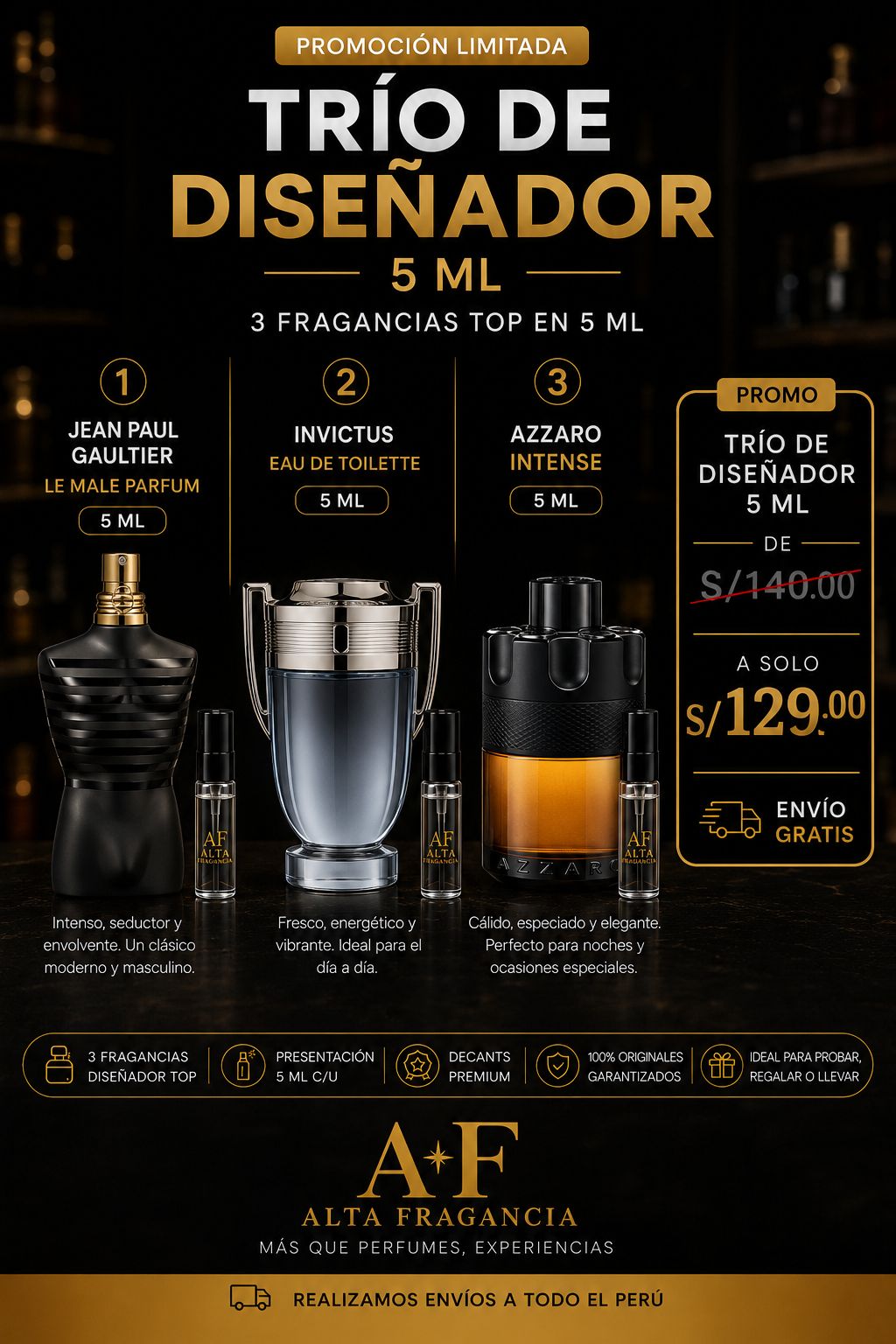 Trío de Diseñador 5ml - Jean Paul Gaultier, Invictus, Azzaro Intense